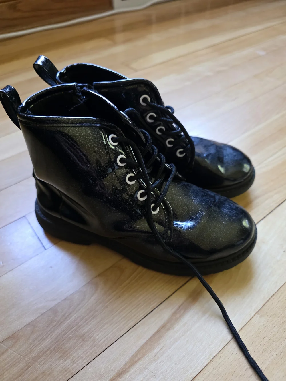 Kids Black Shimmer Lace-Up Ankle Boots